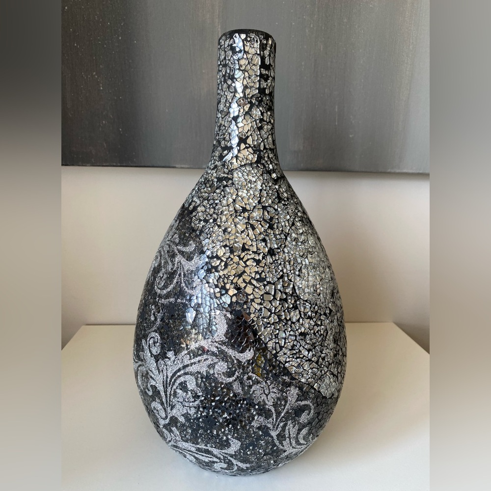 16” Black and Silver Vase | Accent Demask Floral Mirrored Mosaic Decor